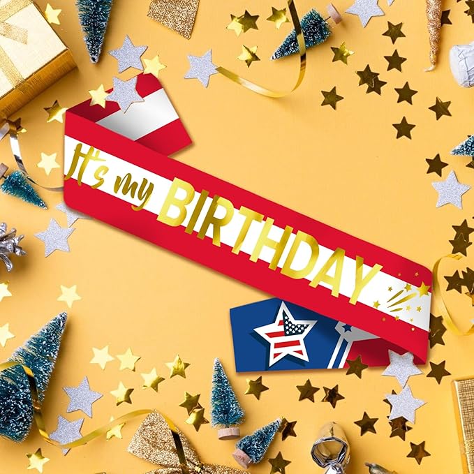 It's My Birthday Sash with Gold Foil - American Flag Birthday Sash Decorations for Girls or Boys, Women or Men, Sweet 16, 18th 21st 30th 40th or Any Happy Bday Party, USA Flag, Independence Day