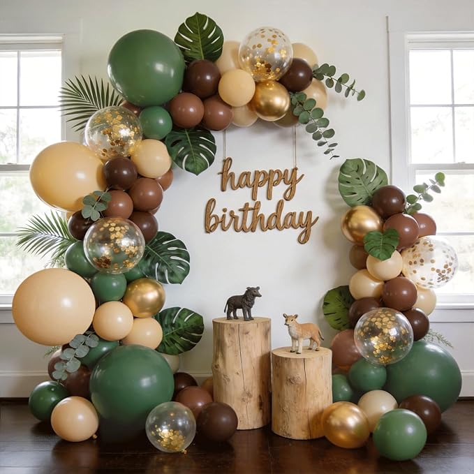 Sage Green Brown Balloons Arch Kit, Woodland Safari Balloon Garland with Sage Green Dark Brown Nude Metallic Gold Confetti Latex Balloons Garland for Birthday Party Jungle Dinosaur Forest Decorations