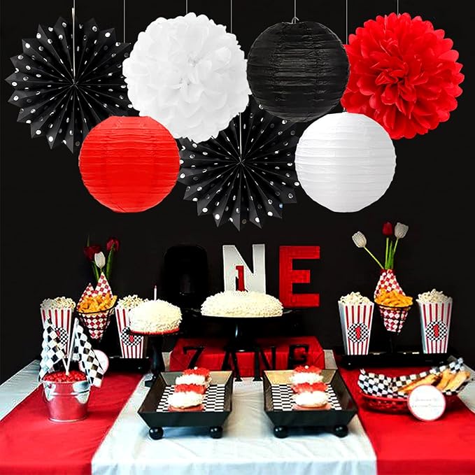 Black White-Red Party-Decorations Streamers Lanterns - 14pcs Birthday Graduation 2026 Paper Honeycomb Fan,Tissue Pom Poms,Men Women Wedding Baby Shower Backdrop Supplies Decor Ouruola