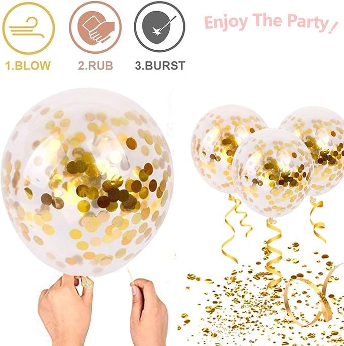 Black and Gold Confetti Balloons, 50 Pack 12inch White Latex Party Balloon Set with Gold Ribbon for New Year Graduation Birthday Baby Shower Decorations