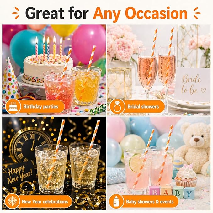 100 Pack Orange and White Striped Paper Straws, 7.75" Disposable Drinking Straws, Paper Party Straws for Halloween, Birthday, Bridal Shower and New Year Supplies