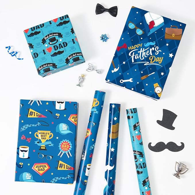 WERNNSAI Father’s Day Wrapping Paper Rolls - 3 Rolls 17” x 10FT Blue Gift Wrap Set with Mustache I Love Dad Designs for Dad Husband Grandpa Birthday Father’s Day Gifts