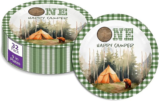 One Happy Camper Boy's First Birthday - 32 Piece Disposable Party Supplies - Decorations for Camping 1st Birthday Round Party Plates - Large 9" Paper Plates In Bulk