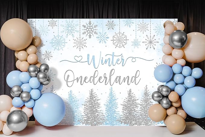 Mocsicka Winter Onederland Backdrop Winter Wonderland First 1st Birthday Party Decoration for Girl Pink Silver Snowflake Christmas Birthday Banner Photo Booth Props (Blue, 7x5ft(82''x60''))