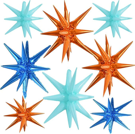 TONIFUL 8 Pcs Blue Orange Foil Balloons Large Star Balloons Explosion Star Mylar Balloons for Party Backdrop Christmas New Year Birthday Wedding Baby Shower Anniversary Photo Booth Supplies