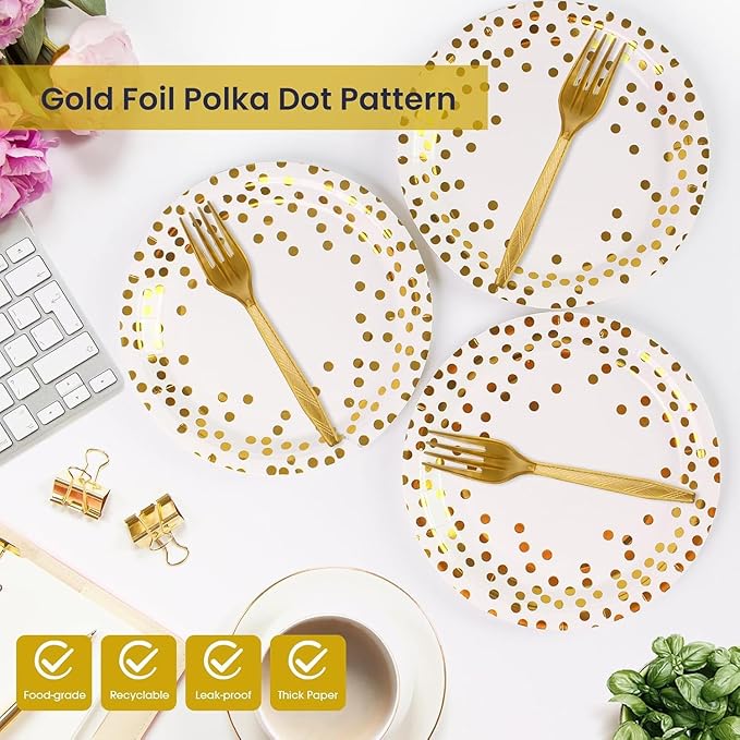 75PCS White Gold Dot Paper Plates&Napkins Set-Disposable Dessert Plates 7IN Party Plates 6.5IN Napkins Plastic Fork Tableware for Birthday Wedding Graduation Holidays Party Decoration 25 Guests