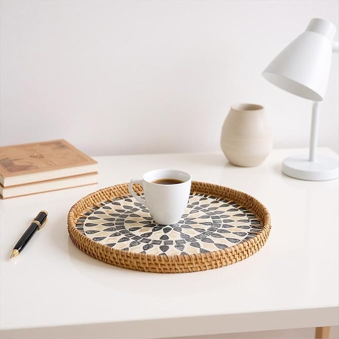 Round Rattan Tray with Mother of Pearl Inlay, Handwoven Wicker Fruit/Bread/Coffee Table Serving Basket Tray for Party Picnic Cafe Bedroom Kitchen Home Decor Set of 2 (Black Drop)