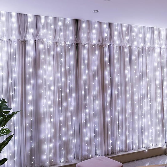 HXWEIYE 300LED Fairy Curtain Lights, 9.8x9.8Ft USB Plug-in 8 Modes Christmas String Hanging Lights with Remote for Bedroom Backdrop Wedding Indoor Wall Decor, White, Standard – 1 Pack