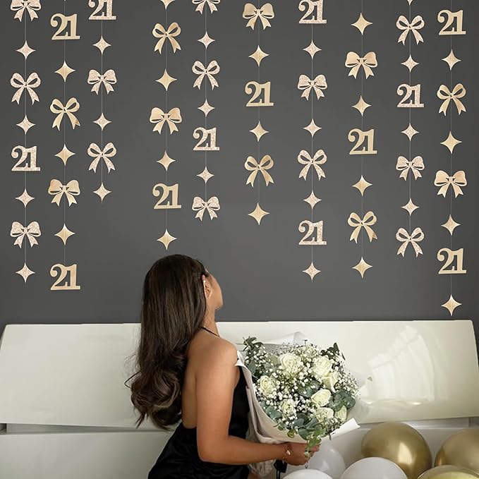 Glitter Champagne 21st Bow Birthday Decorations Champagne Conquette Bow Garland Streamer Banner Backdrop for Girls Happy 21st Birthday Finally Legal Cheers to 21 Years Old Anniversary Party Supplies