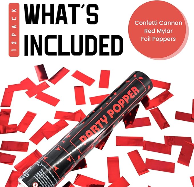 Party Poppers Confetti Cannon 12 Pack Red Poppers 12 Inch Party Shooters Mylar Confetti Red Foil Confetti Cannons Bulk for Wedding Birthday Graduation Baby Gender Reveal Christmas New Year
