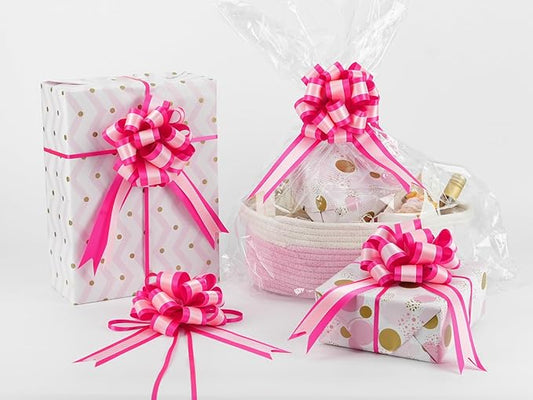 HUIHUANG Pink Pull Bows for Gift Wrapping 12 PCS Light Pink and Hot Pink Double Layer Satin Pull Bows 6" x 10" Gift Bow for Presents, Gift Basket, Birthday, Baby Shower Wedding Party Decor