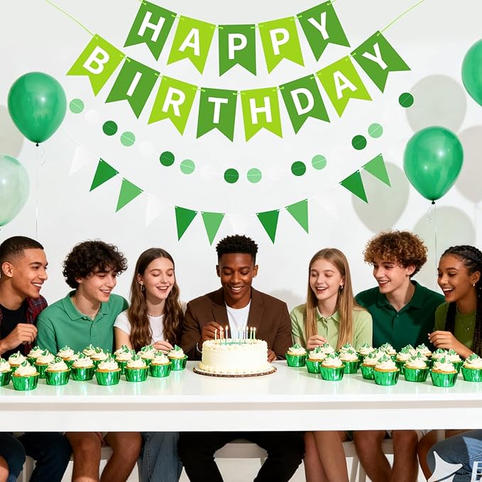 Green Happy Birthday Banner, Happy Birthday Decorations Hanging Birthday Sign Circle Dot Triangle Bunting for Women Men Girl Boy Party Supplies