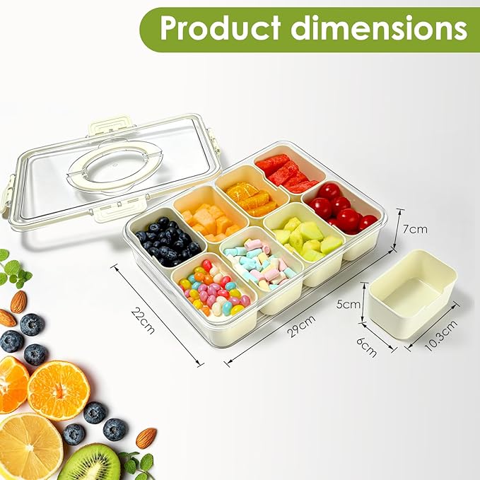HRXFOZ Divided Serving Tray with Lid and Handle,8 Compartments Snacks Box,Snack Fruit and Veggie Tray,Portable Platter for Candy Fruits Nuts Snack Party Entertaining Picnic (1 PCS)