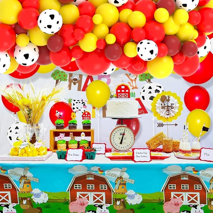 Red, Yellow, Brown Balloons, 122PCS Cow Print Balloon Red Yellow Balloon Garland Arch Farm Animals Birthday Decorations for Cowgirl Cowboy Baby Shower Wedding Birthday Party Supplies