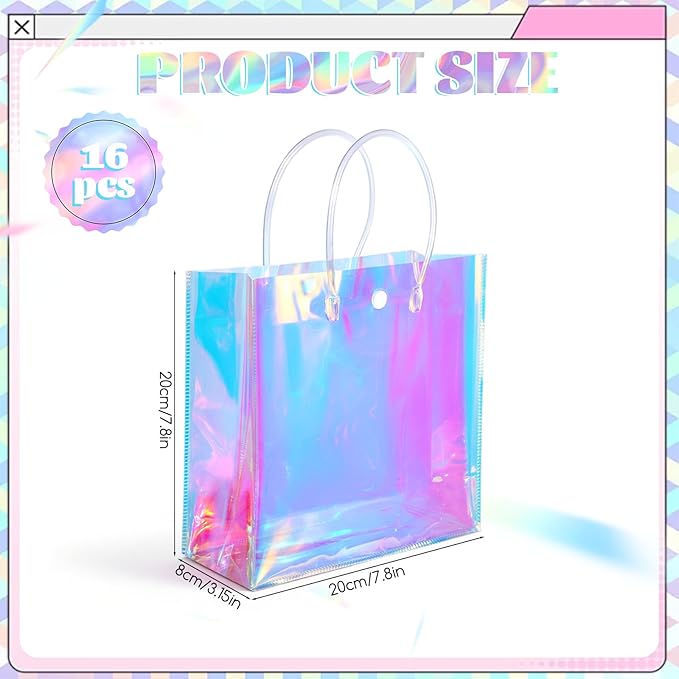16 Pcs Holographic Small Gift Bags, Clear Reusable Iridescent Birthday Gift Bag with Handles, PVC Gifts Wrap Bags for Bachelorette Shopping Birthday Weddings Party Favors(7.87" x 7.87" x 3.15")
