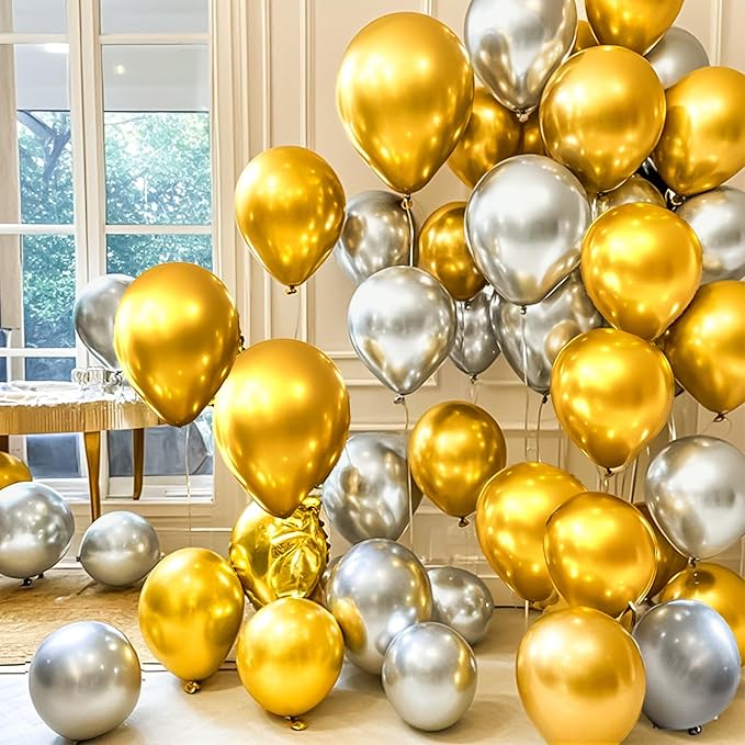 Firomi Metallic Gold Balloons 12-inch 100 Pack Helium Big Shiny Round Chrome Gold Thicken Latex Balloon for Wedding Birthday Party Gold Party Balloons (with 3 Ribbons)