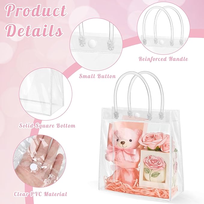 Okxiri 15 PCS Clear PVC Gift Bags with Handles,Small Reusable Plastic Party Favor Bags, Transparent Goodie Bags for Wedding,Baby Shower, Birthday (8.8" x 6.5" x 2.6")