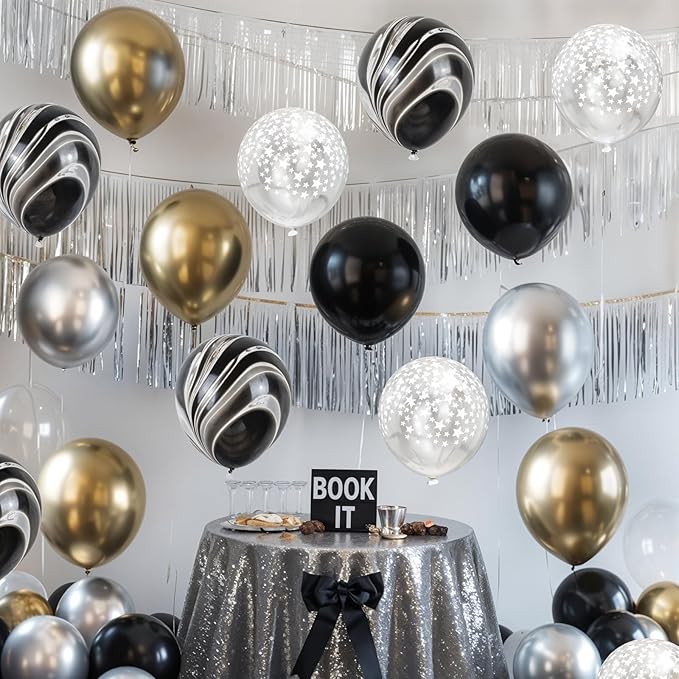 Black Gold Silver Balloon Set, 12 Inch Marble Black and Metallic Chrome Gold Silver with Clear Star Print Grad Latex Balloons for Boy Girls Birthday Party Graduation Retirement Baby Shower Decorations