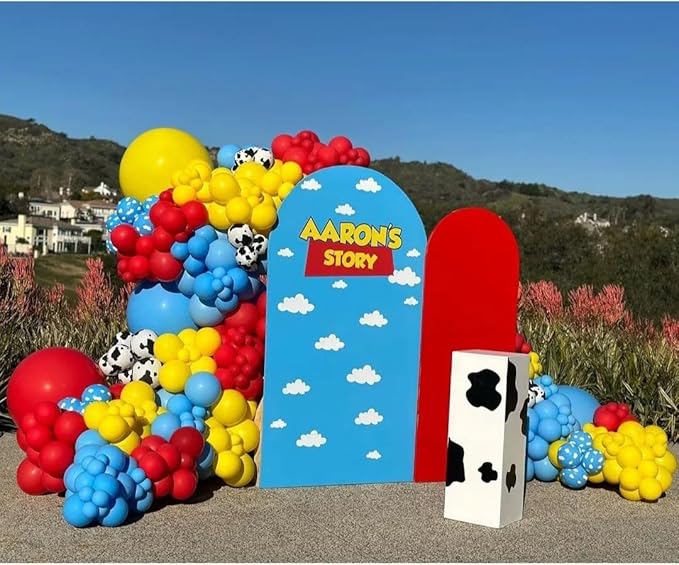 Blue Red Yellow Balloons, 60pcs 12 Inches Cow Pattern Cloud Yellow Red Blue with 1 Ribbon for Birthday Baby Shower Party Decorations