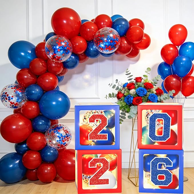 2026 Graduation Decorations, Red and Blue Graduation Decorations, Balloons Boxes (4PCS) with Letters 2026 GRAD So Proud of You, Congrats Grad Decorations for High School & College