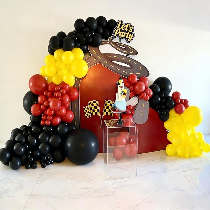 Race Car Balloon Garland Arch Kit 155Pcs Red Black Yellow Latex Balloons for Race Car 2 Fast Theme Birthday Party Decorations