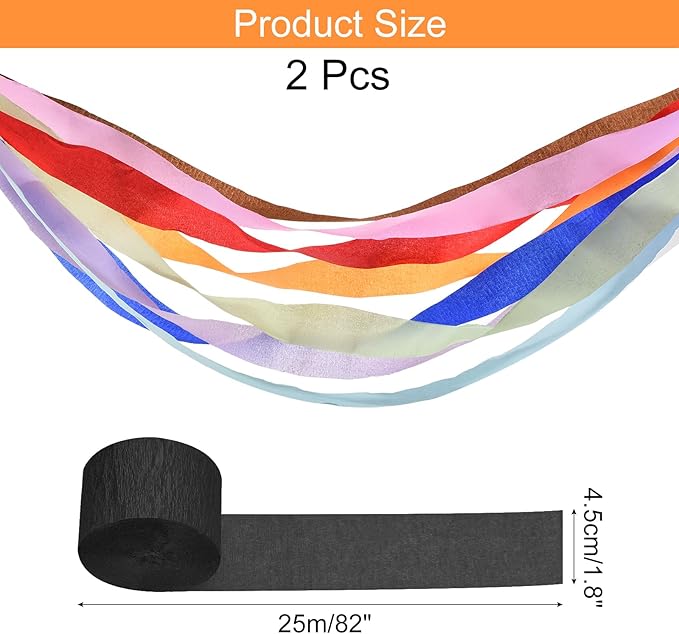 Crepe Paper Roll, Black Crepe Paper Streamers Sheets, [for Party Streamer Decorations, Birthday Party] - 1.8 Inch x 82 ft / 2 Roll