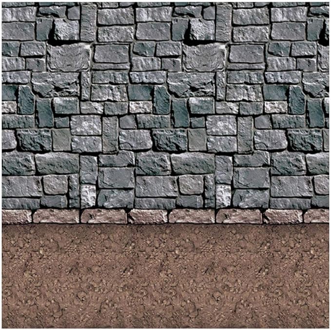 Beistle Stone & Dirt Floor Wall Backdrop, 4’ x 30’ – Medieval Party Decorations, Medieval Decor Background, Photo Backdrop, Easy to Adhere Wall Covering, Stone Backdrop, Halloween Party Decorations