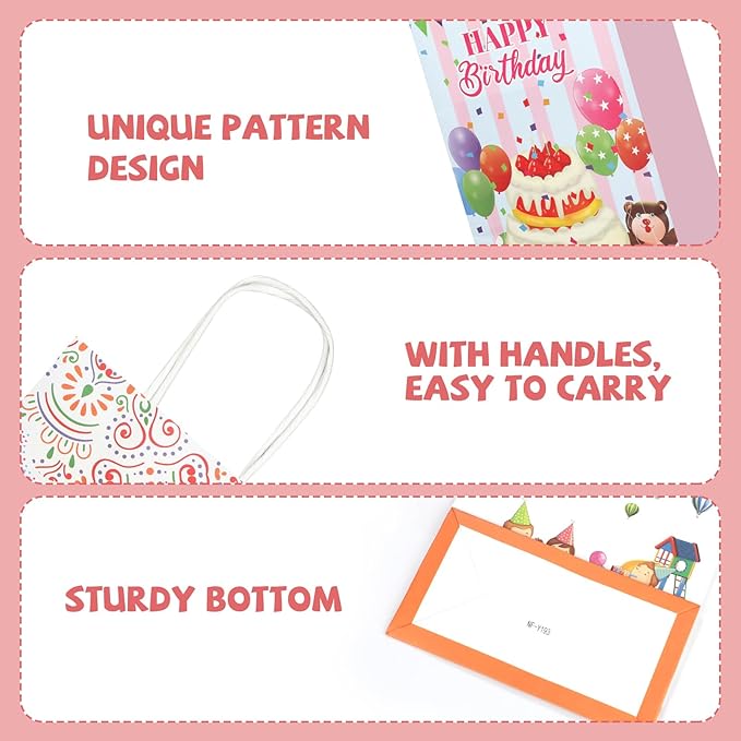 Ethanberg 20Pcs Birthday Gift Bags with Handles, Happy Birthday Paper Favor Bags, Birthday Paper Goodie Bags, Birthday Candy Treat Bags for Boys Girls Birthday Party Decorations Supplies