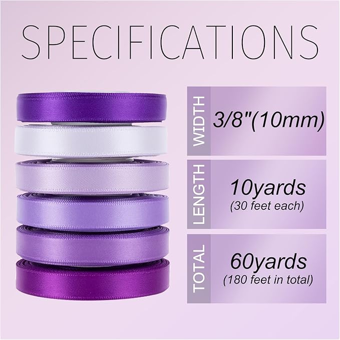 Purple Ribbon Thin 3/8 Inch x 60Yds Assorted Lavender/Violet/Lilac Double Faced Satin Ribbons for Flower Bouquet, Gift Wrapping, Wedding Invitation, Bridal Shower, Baby Shower, Hair Bows, Crafts