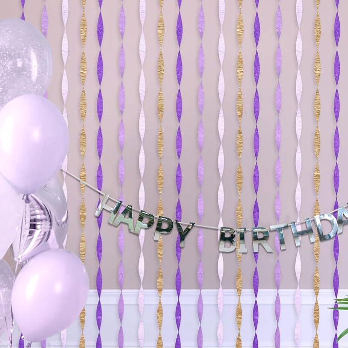 Purple Gold Party Decorations, 8 Rolls Purple Gold Crepe Paper Streamers, for Birthday Anniversary Bridal Shower Wedding Lavender Graduation Mardi Gras Decorations, 1.8 Inch x 82 Ft/Roll