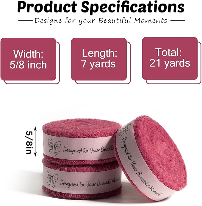 Burgundy Cotton Ribbon 5/8 Inch Burgundy 3 Rolls 21 Yards Frayed Edge Fabric Set for Wedding Decor, Bridal Bouquet Wrap, Anniversary Celebration, Gift Wrapping & Christmas Decor