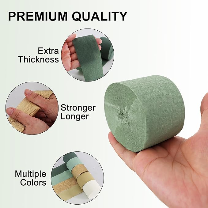 BEISHIDA 8 Rolls Sage Green Khaki and Gold Crepe Paper Streamers for Boho Theme Party Decorations Wedding Birthday Baby Shower DIY Craft Paper(1.8 Inch x 82 Ft/Roll)