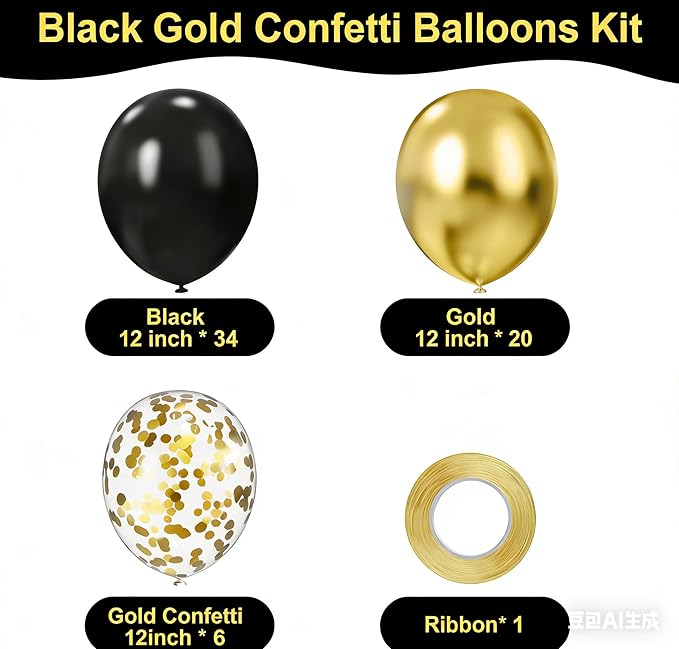 Black and Gold Balloons, 60PCS 12 Inch Gold and Black Confetti Balloons, Gold Latex Balloons for Birthday New Year Wedding Graduation