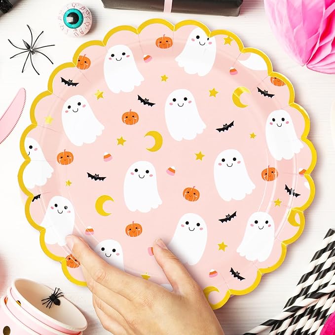JarThenaAMCS 50Pcs Halloween Paper Plates Pink Ghost Disposable Plates 9 Inch Cute Boo Ghost Decorative Dinner Plate with Gold Foil Scalloped Edge for Trick or Treat Halloween Birthday Party Supplies