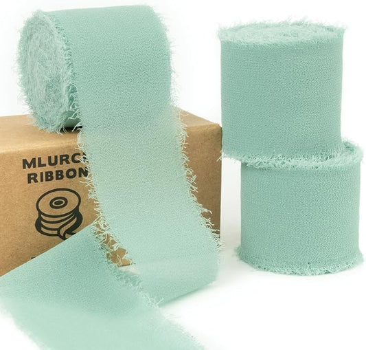 Dusty Green Chiffon Ribbon 1-1/2 Inch x 21Yards Handmade Fringe Silk Boho Frayed for Gift Wrapping, Wedding Invitation, Bridal Flower Bouquets