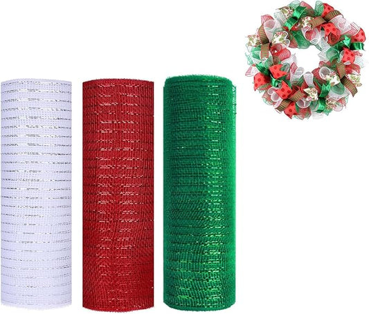 3 Rolls White Red Green Deco Mesh Ribbon for Wreath Making Supplies, 10 Inch x 30FT Metallic Foil Burlap Deco Mesh Fabric for Christmas Tree New Year Winter Door Wreath Swags and Decorating