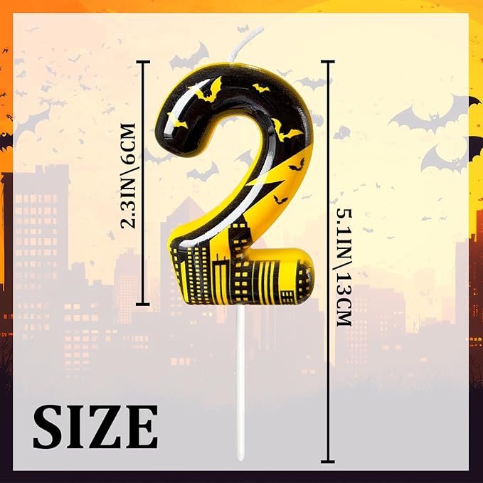 Black Yellow Number 2 Birthday Candle for Cake – Dark Night Hero Style with Bat & City Silhouette Design – Unique Cake Topper for Birthday, Anniversary, Themed Party Decoration