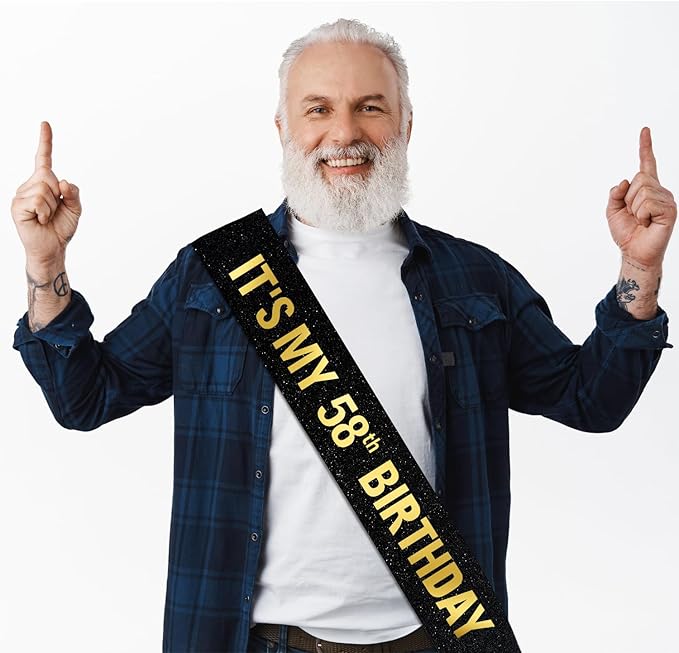 It's My 58th Birthday Sash for Men Women, Black Glitter Sash with Gold Foil