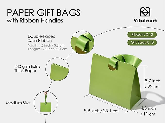 Vitalizart Paper Gift Bags With Ribbon Handles Set of 10 Assorted Colors Bulk Reusable For Gift Wrap Girls Kids Birthday Bridal Shower Party Favors Goodie Bags Candy Christmas 9.84"x4.33"x8.66" Medium