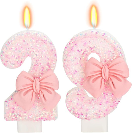 29th Birthday Candles for Cake, Pink Bow Number Cake Candles, 2.76 inch Number Happy Birthday Candle, Cake Topper Decoration for Birthday Party (Number 29)