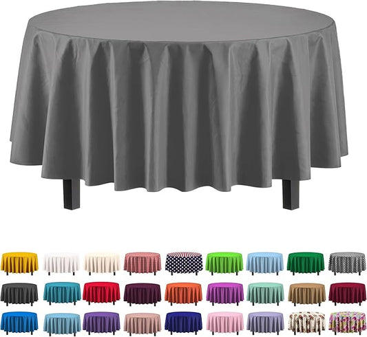 Party Solids Pack Of 6 Premium Plastic Tablecloth 84 Inch Round Plastic Table Cover - Silver