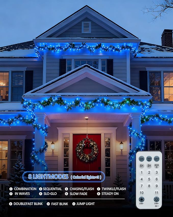 Outdoor String Lights, 328FT 1000 LED Fairy Lights, IP65 Waterproof Outside with Remote, 8 Lighting Modes Dimmable Timer Hanging LED Lamp for Camping Garden Patio Christmas Decor Yard Fence Tree