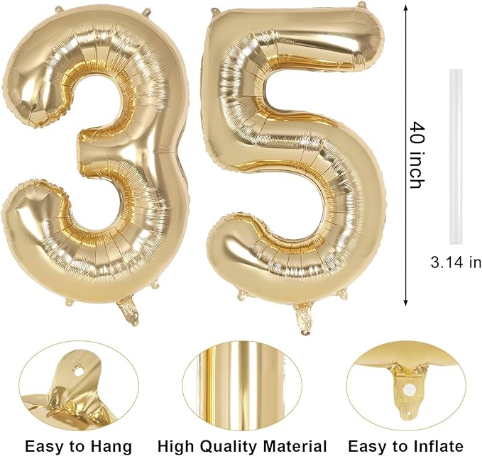Champagne Large Number 35 Balloon, 40 Inch Light Gold Foil Helium Number Balloons, Giant Mylar Number 35 Balloons for 35 Years Old Birthday Party Anniversary Decorations (Champagne Gold 35)