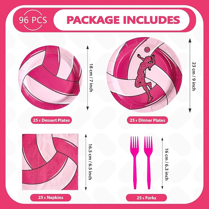 Grencian 96Pcs Pink Volleyball Party Supplies Volleyballs Paper Plates and Napkins Sports Birthday Party Disposable Tableware for Girl Volleyball Birthday Decorations Serves 24