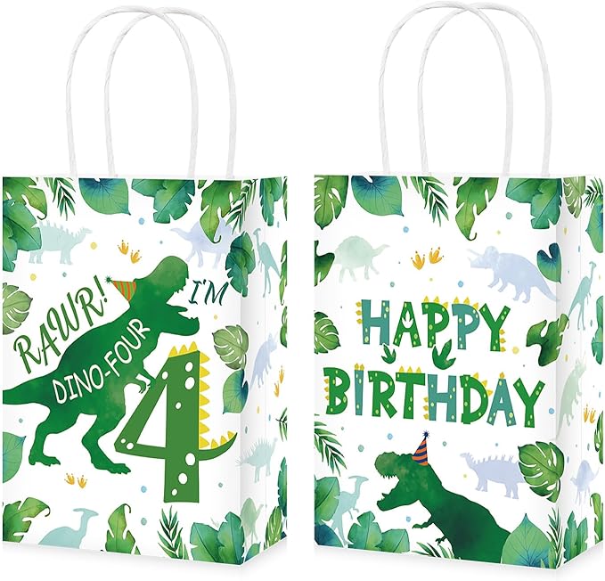 Grencian 16 Pcs Dinosaur 4th Birthday Party Favor Bags Roar Im Four Dinosaur Candy Treat Gift Goodie Bags with Handles Dino Four Year Old Birthday Decorations for Boys 4 Year Old Party Decorations Favors Supplies