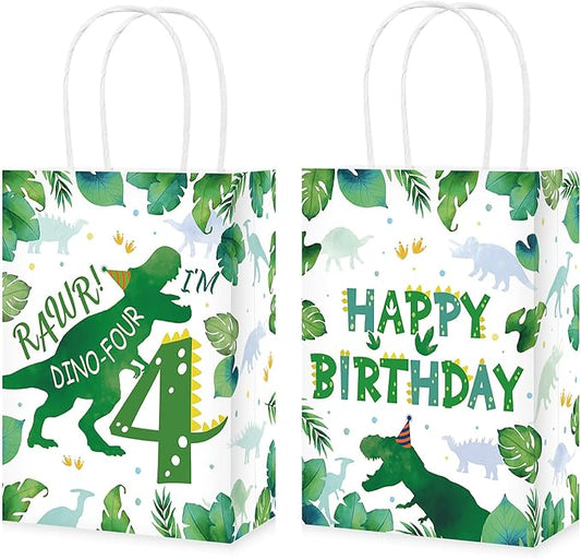 Grencian 16 Pcs Dinosaur 4th Birthday Party Favor Bags Roar Im Four Dinosaur Candy Treat Gift Goodie Bags with Handles Dino Four Year Old Birthday Decorations for Boys 4 Year Old Party Decorations Favors Supplies