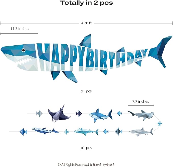 Cheerland Shark Birthday Party Decorations Happy Birthday Banner Hanging Shark Garland Decor Geometric Style Under The Sea Nautical Ocean Theme Pool Party Supplies