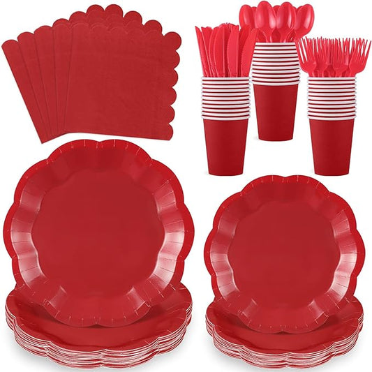 NatNarr 175 Pcs Red Paper Plates and Napkins Set Include 9" Dinner Plates, 7" Dessert Plate Disposable Scalloped Tableware Serve 25 Guest for Wedding Baby Shower Bridal Shower Birthday