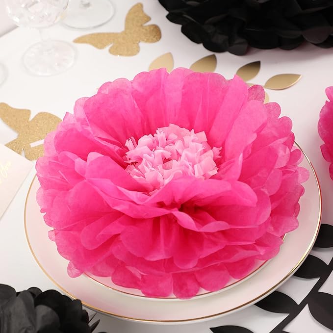 Fonder Mols Tissue Paper Chrysanth Flowers with Butterfly and Olive Leaves for Wedding Baby Shower Nursery Room Parties & Events Decorations Pom Poms (Black, Hot Pink)