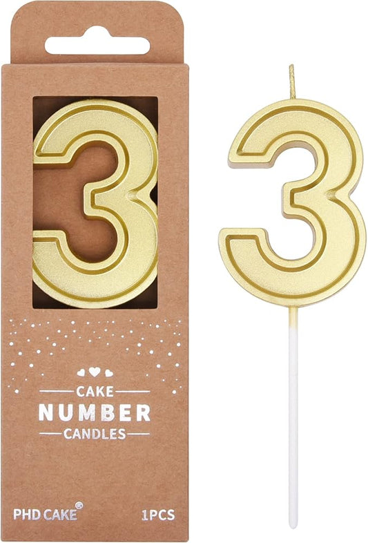 PHD CAKE 2.76 Inch Luxe Gold 3 Number Birthday Candles, Gold Number Candles, Cake Number Candles, Party Celebration